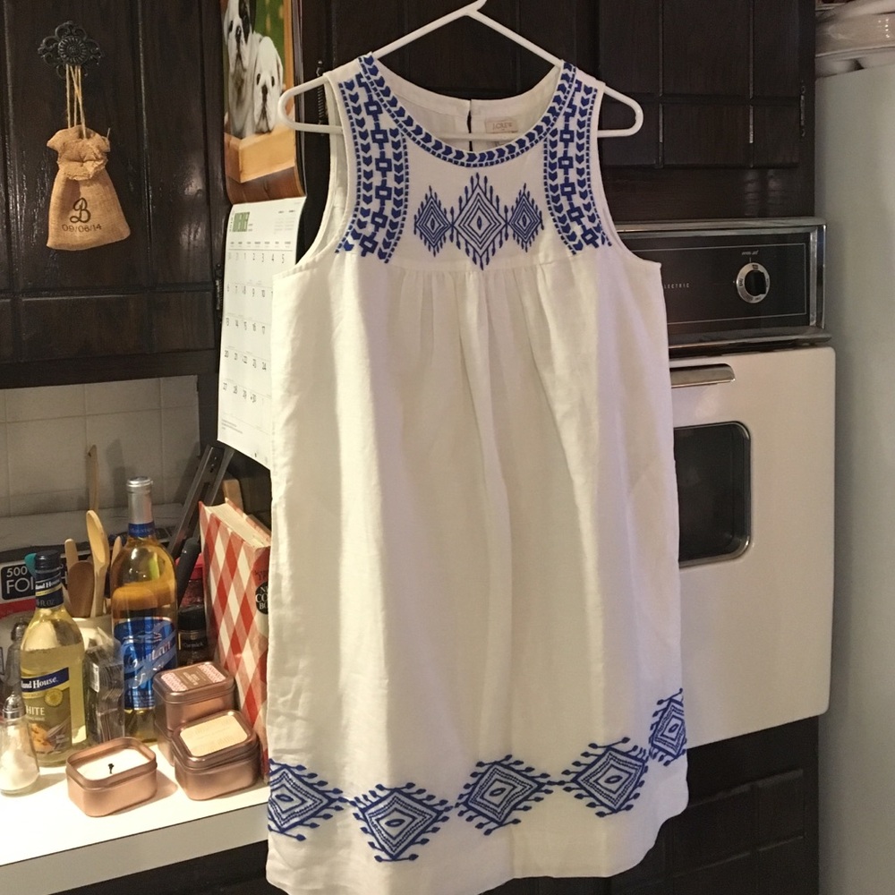 J. Crew Factory White Midi Dress with Blue Embroidery